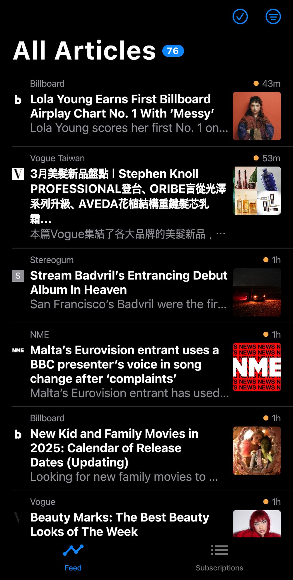 手機版 Fluent Reader Lite 全部文章頁面